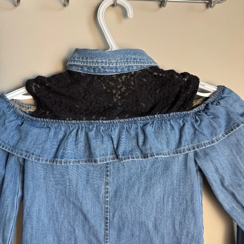 GUESS‎ Girl's 8 Denim Cold Shoulder Button Front Jean Dress Collared Lace Blue - Picture 6 of 15
